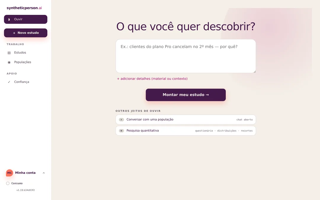 SyntheticPerson app: the study entry screen asking 'What do you want to find out?'